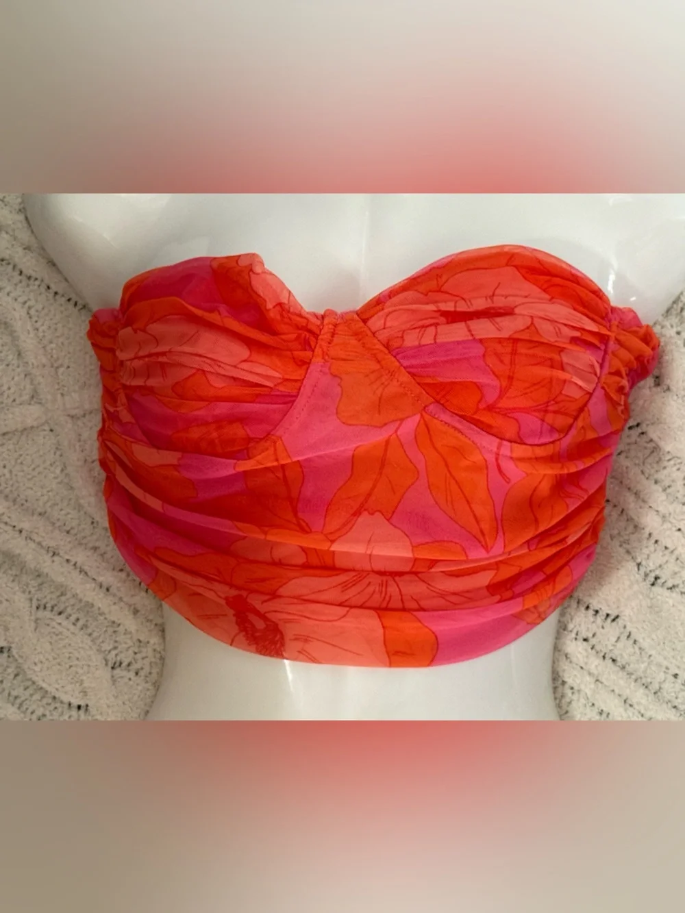 ZARA Pink Orange Floral Mesh Ruched Corset Bustier Strapless Top Medium - Picture 5 of 9